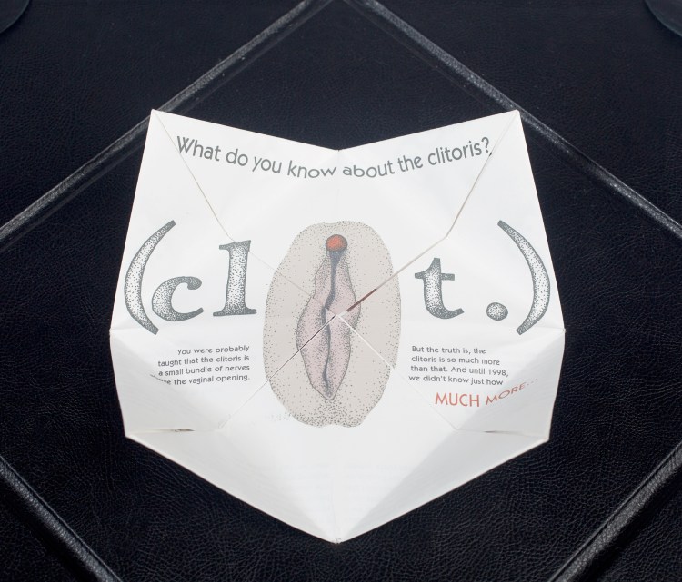 Photo of book open to second state with pages folded open one time to show an illustrated vulva and accompanying text