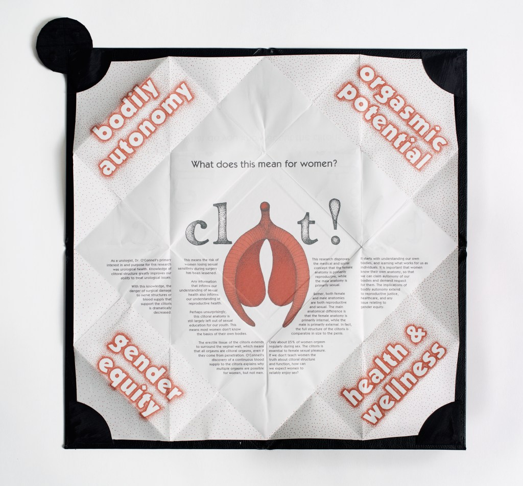 Photo of book laid open to end state on table - page corners tucked into rounded braces, illustration of clitoris at center surrounded by text with large illustrated type at corners "bodily autonomy" "orgasmic potential" "gender equity" "health & welness"