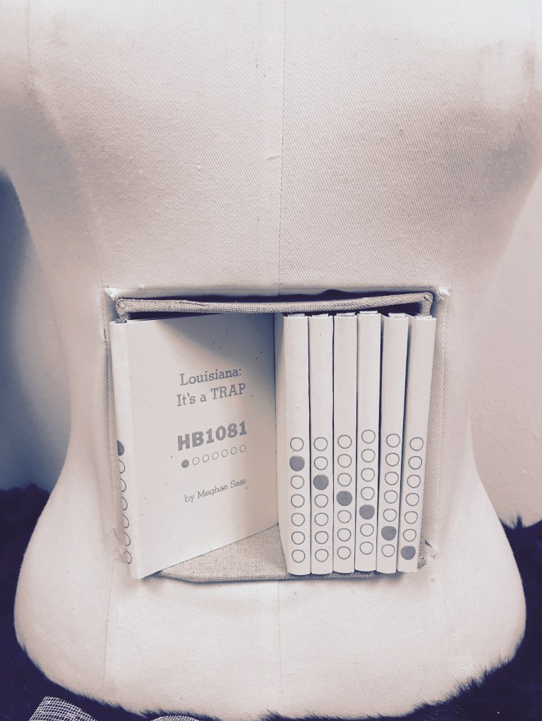 Photo of mannequin bust with cavity cut into abdomen, housing books - one angled to show the cover, spines of 6 others with circles showing which number in the series it is