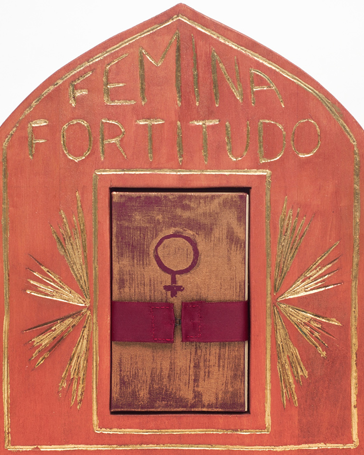 Detail image of Femina Fortitudo Altar - rose stained wood with gold detail and nestled book with Venus symbol at center